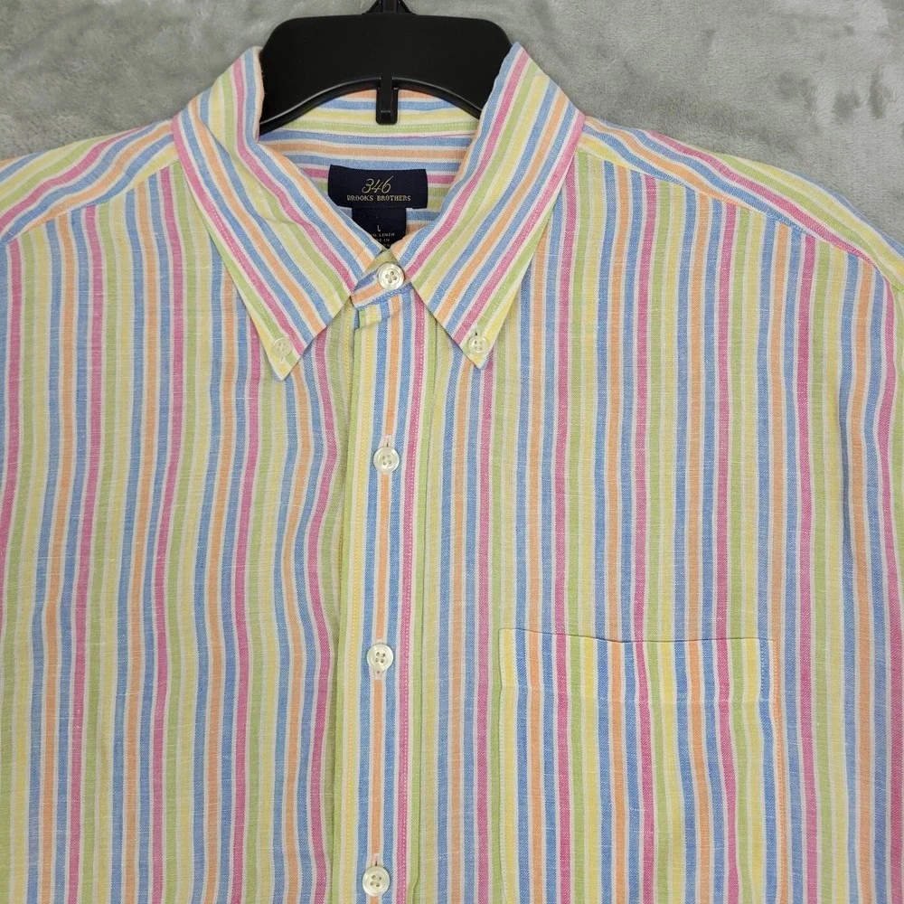 Brooks Brothers 346 Men's L Colorful 100% Linen Short Sleeve Button Down Shirt